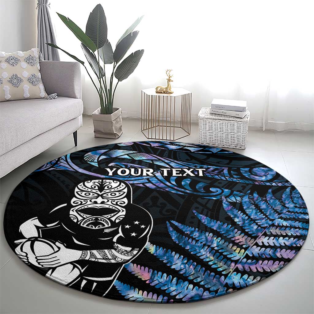 New Zealand Maori Rugby Personalised Round Carpet Ta Moko Silver Fern - Paua Blue LT7 - Polynesian Pride