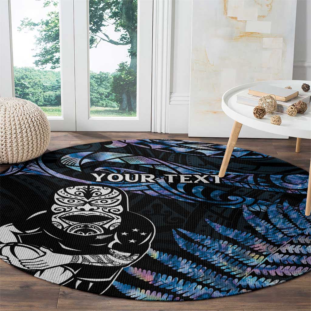 New Zealand Maori Rugby Personalised Round Carpet Ta Moko Silver Fern - Paua Blue LT7 - Polynesian Pride