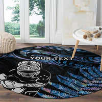 New Zealand Maori Rugby Personalised Round Carpet Ta Moko Silver Fern - Paua Blue LT7 - Polynesian Pride