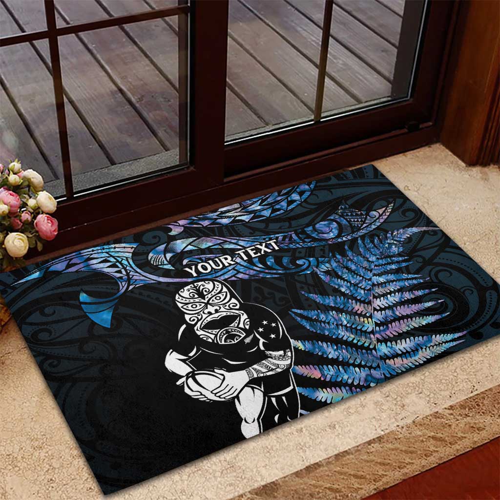 New Zealand Maori Rugby Personalised Rubber Doormat Ta Moko Silver Fern - Paua Blue LT7 - Polynesian Pride