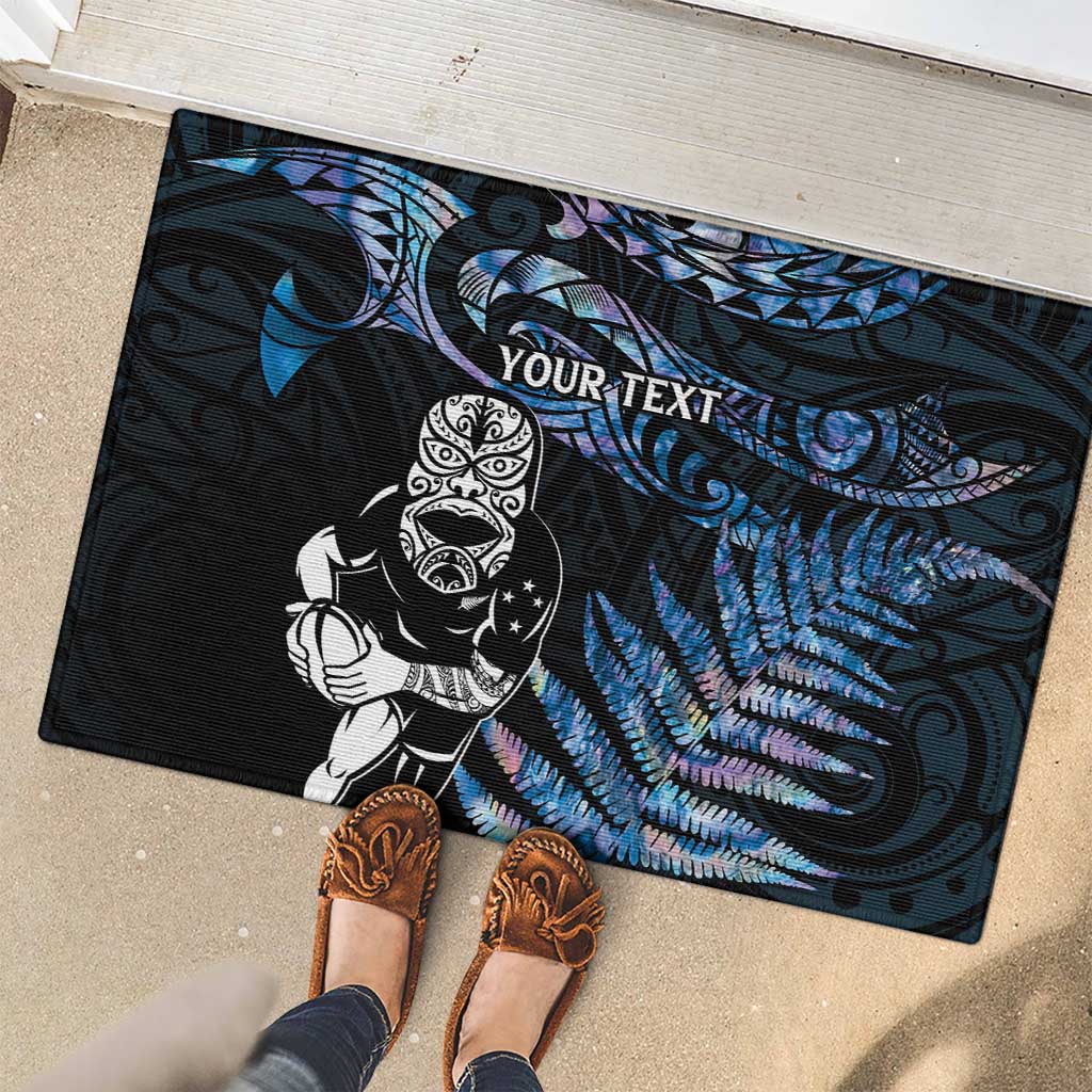 New Zealand Maori Rugby Personalised Rubber Doormat Ta Moko Silver Fern - Paua Blue LT7 - Polynesian Pride