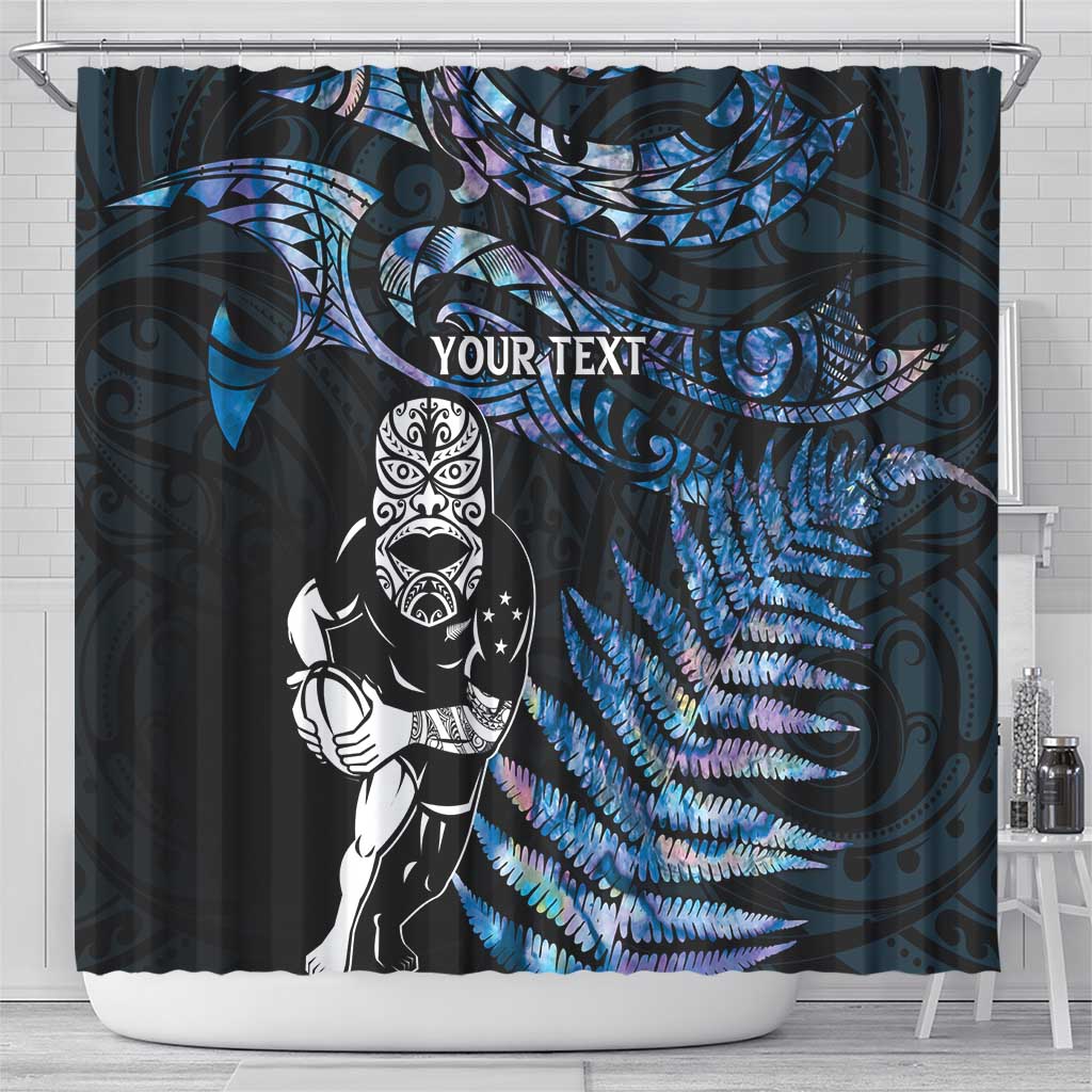 New Zealand Maori Rugby Personalised Shower Curtain Ta Moko Silver Fern - Paua Blue LT7 - Polynesian Pride