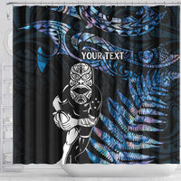 New Zealand Maori Rugby Personalised Shower Curtain Ta Moko Silver Fern - Paua Blue LT7 - Polynesian Pride