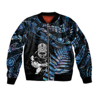 New Zealand Maori Rugby Personalised Sleeve Zip Bomber Jacket Ta Moko Silver Fern - Paua Blue LT7 Unisex Blue - Polynesian Pride