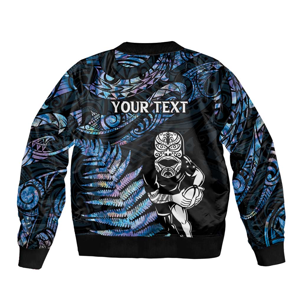 New Zealand Maori Rugby Personalised Sleeve Zip Bomber Jacket Ta Moko Silver Fern - Paua Blue LT7 - Polynesian Pride