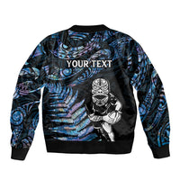 New Zealand Maori Rugby Personalised Sleeve Zip Bomber Jacket Ta Moko Silver Fern - Paua Blue LT7 - Polynesian Pride