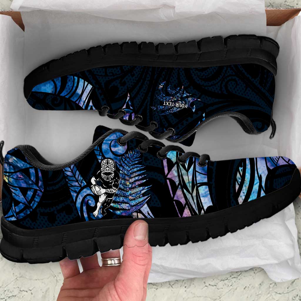 New Zealand Maori Rugby Personalised Sneakers Ta Moko Silver Fern - Paua Blue LT7 Blue - Polynesian Pride