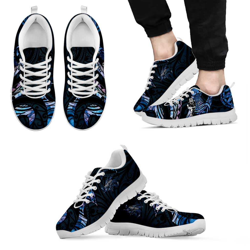 New Zealand Maori Rugby Personalised Sneakers Ta Moko Silver Fern - Paua Blue LT7 - Polynesian Pride