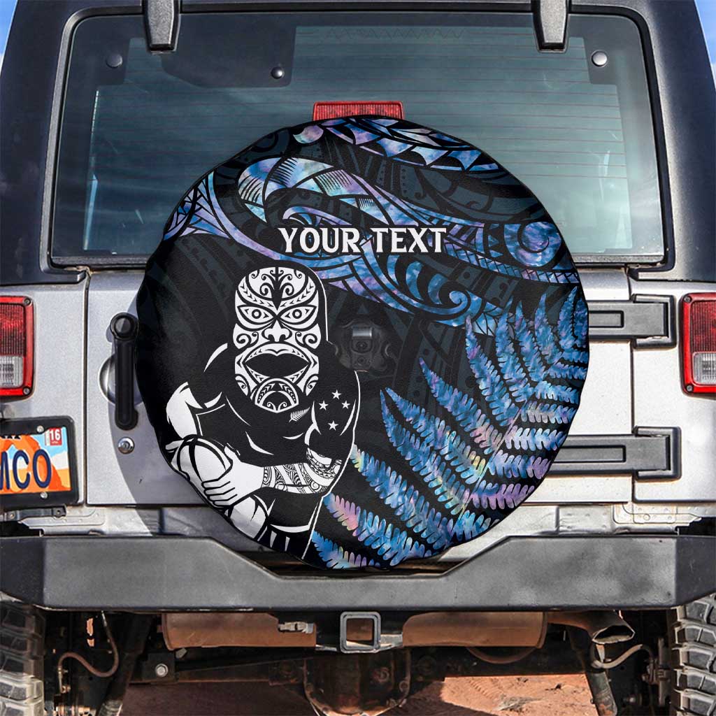New Zealand Maori Rugby Personalised Spare Tire Cover Ta Moko Silver Fern - Paua Blue LT7 Blue - Polynesian Pride