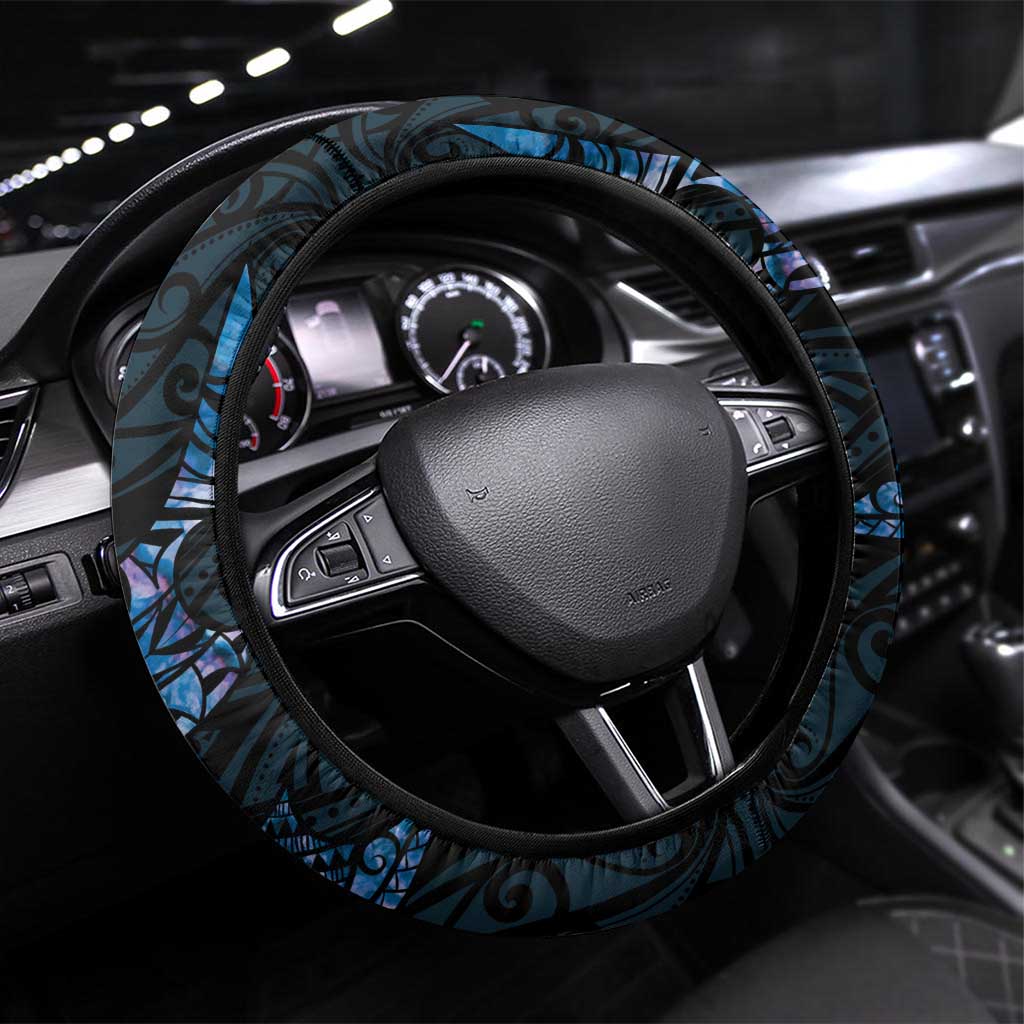 New Zealand Maori Rugby Steering Wheel Cover Ta Moko Silver Fern - Paua Blue LT7 Universal Fit Blue - Polynesian Pride