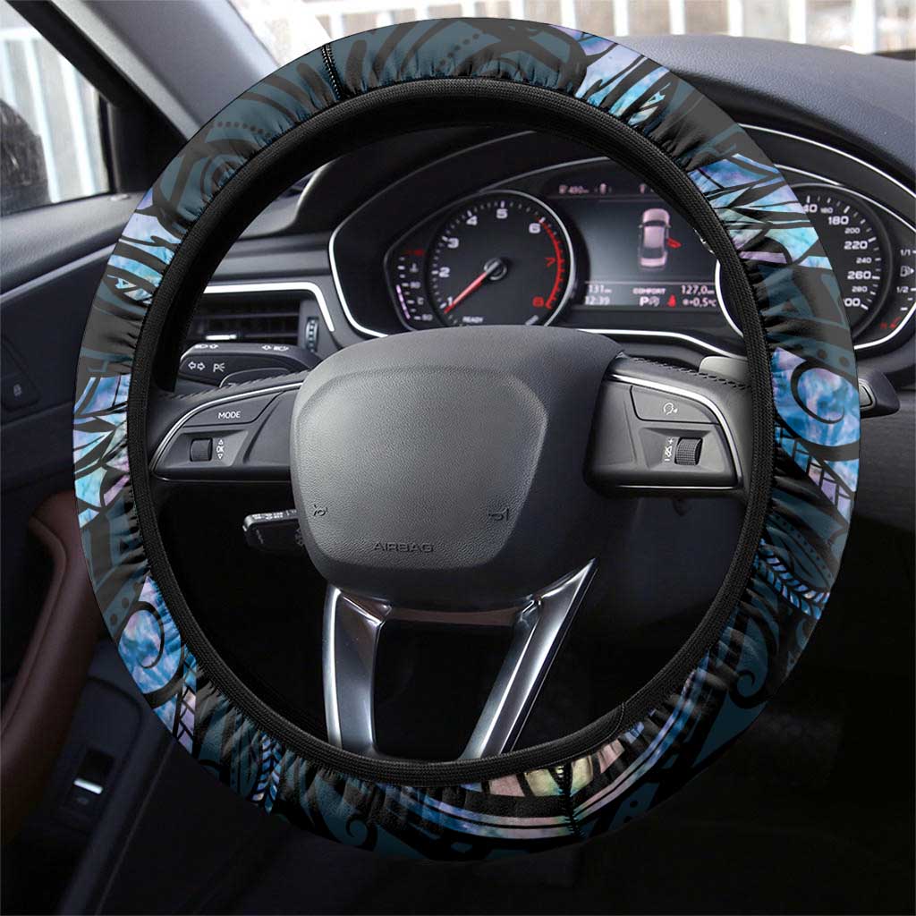 New Zealand Maori Rugby Steering Wheel Cover Ta Moko Silver Fern - Paua Blue LT7 - Polynesian Pride