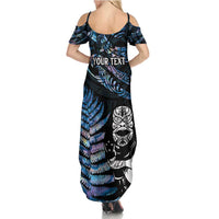 New Zealand Maori Rugby Personalised Summer Maxi Dress Ta Moko Silver Fern - Paua Blue LT7 - Polynesian Pride