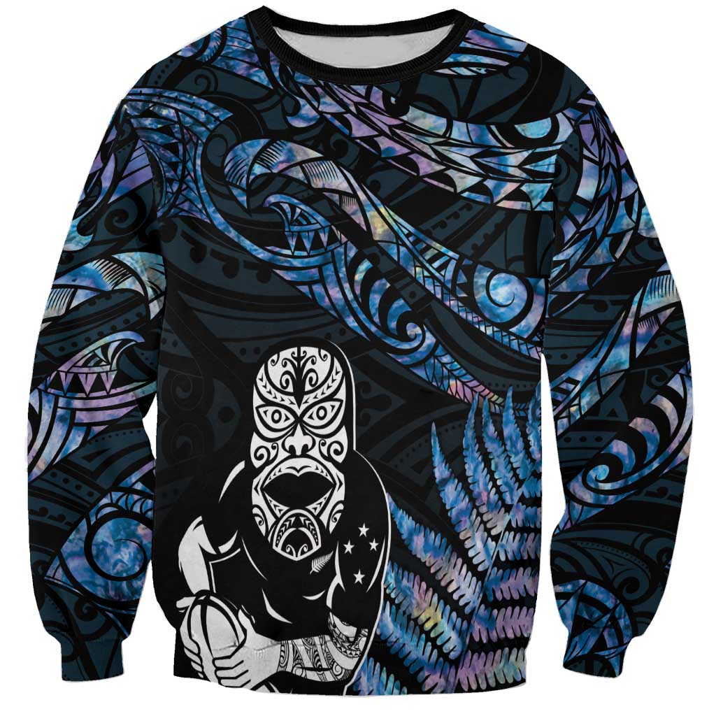 New Zealand Maori Rugby Personalised Sweatshirt Ta Moko Silver Fern - Paua Blue LT7 Unisex Blue - Polynesian Pride