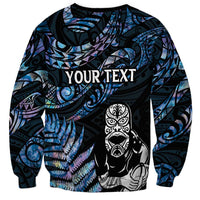 New Zealand Maori Rugby Personalised Sweatshirt Ta Moko Silver Fern - Paua Blue LT7 - Polynesian Pride