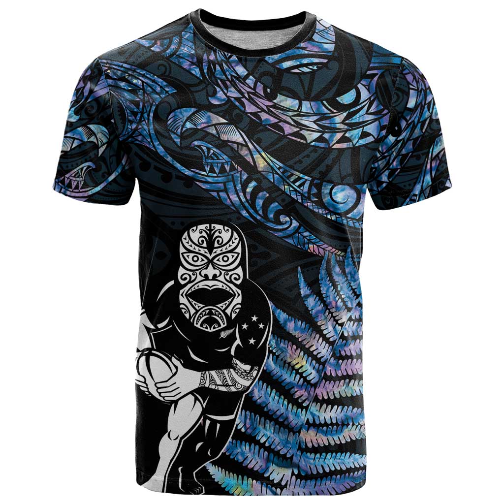 New Zealand Maori Rugby Personalised T Shirt Ta Moko Silver Fern - Paua Blue LT7 Blue - Polynesian Pride