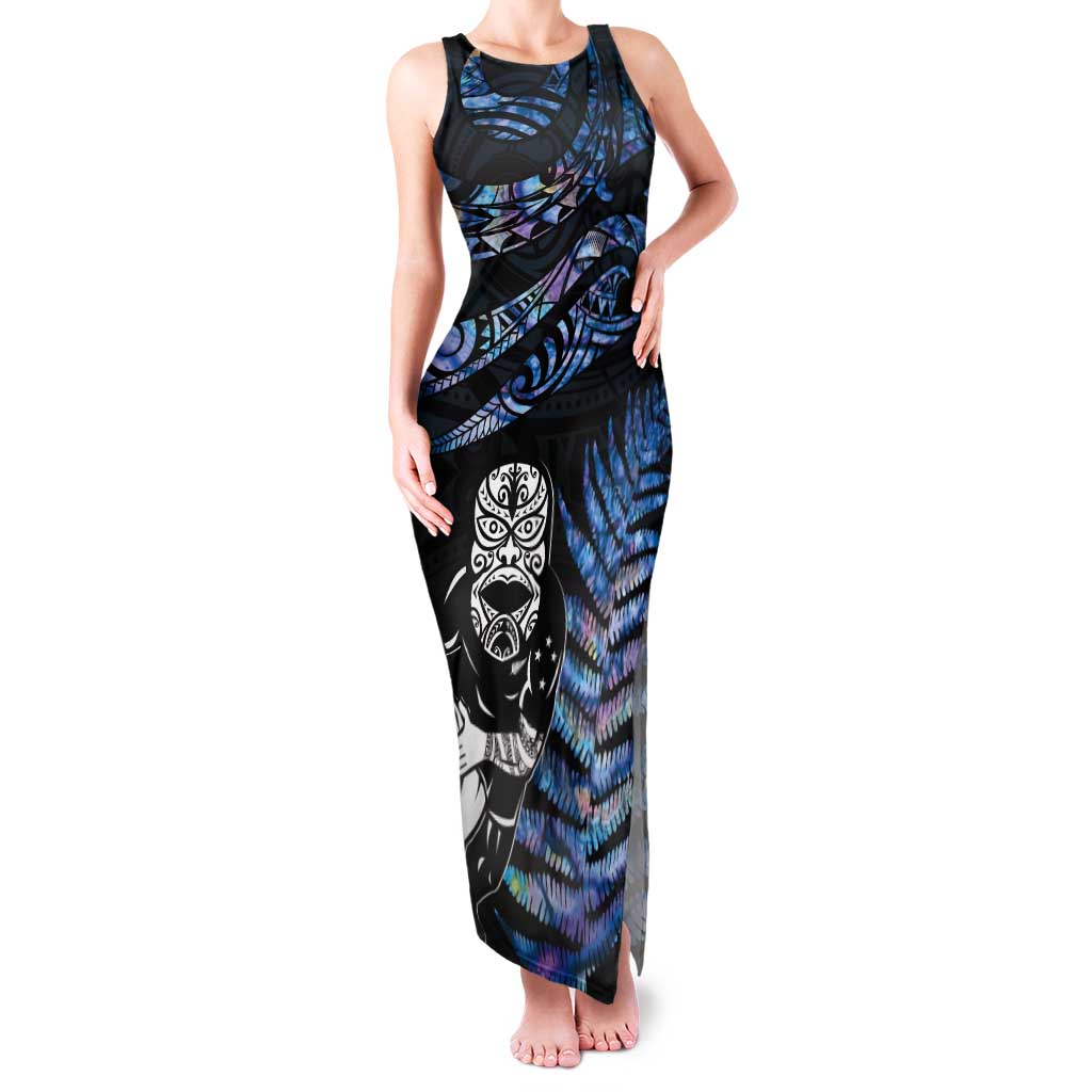 New Zealand Maori Rugby Personalised Tank Maxi Dress Ta Moko Silver Fern - Paua Blue LT7 Women Blue - Polynesian Pride