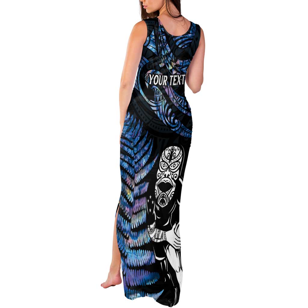 New Zealand Maori Rugby Personalised Tank Maxi Dress Ta Moko Silver Fern - Paua Blue LT7 - Polynesian Pride