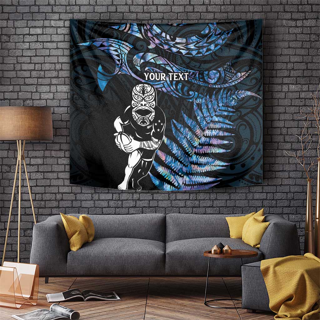 New Zealand Maori Rugby Personalised Tapestry Ta Moko Silver Fern - Paua Blue LT7 - Polynesian Pride