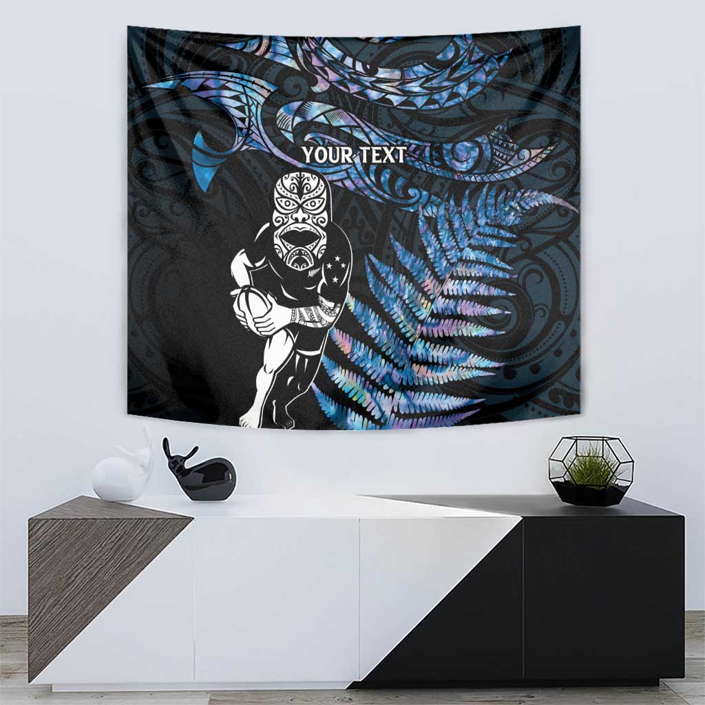 New Zealand Maori Rugby Personalised Tapestry Ta Moko Silver Fern - Paua Blue LT7 - Polynesian Pride