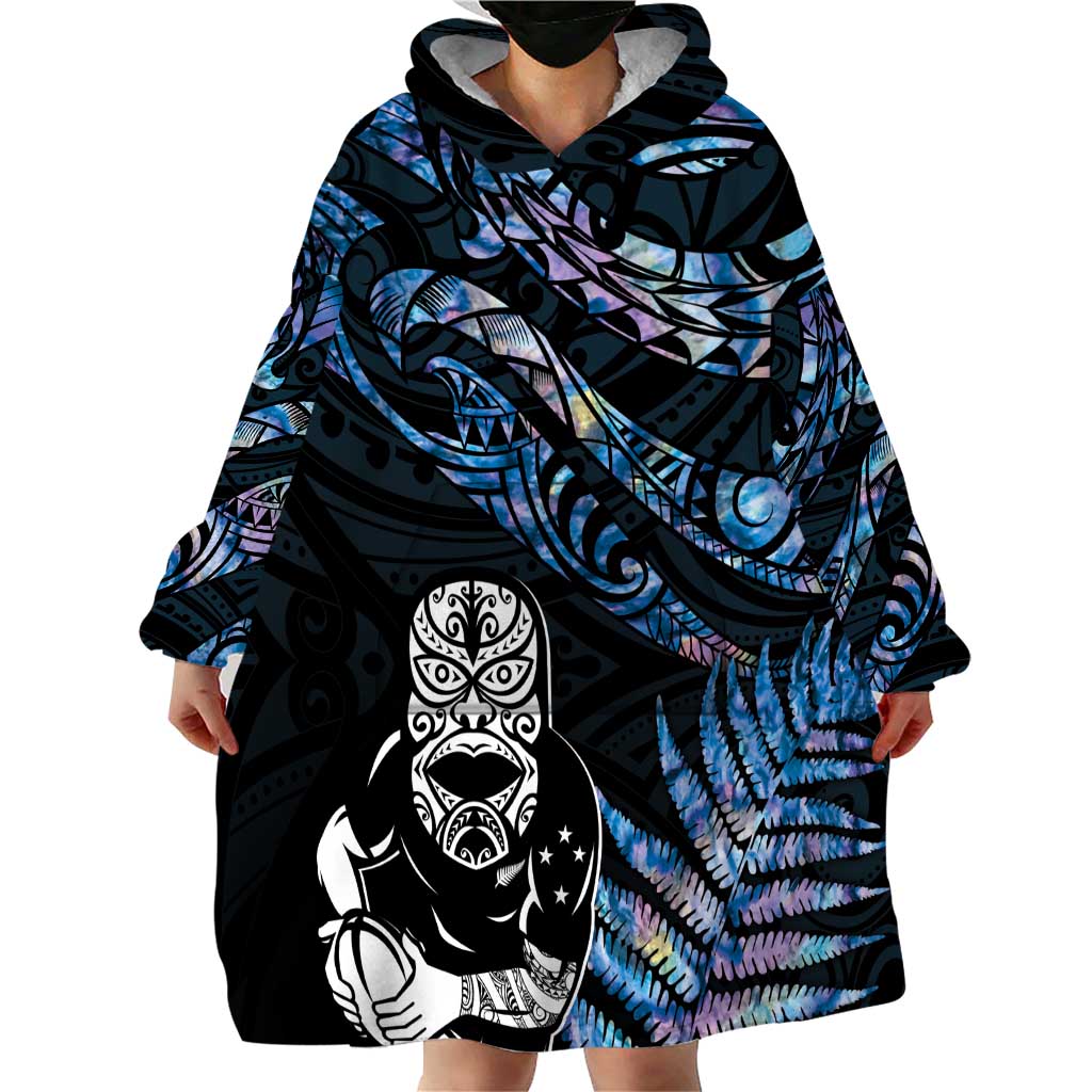 New Zealand Maori Rugby Personalised Wearable Blanket Hoodie Ta Moko Silver Fern - Paua Blue LT7 - Polynesian Pride