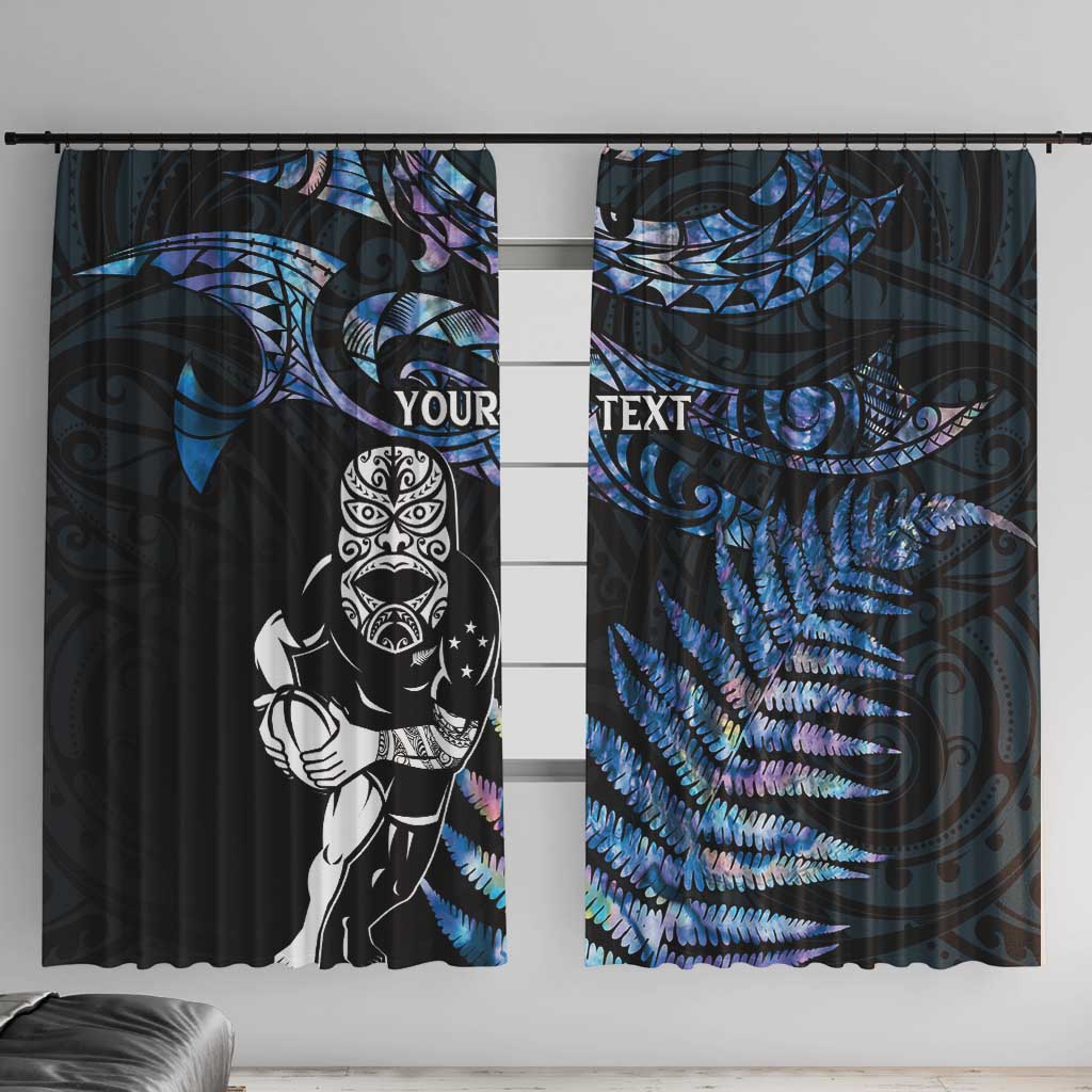 New Zealand Maori Rugby Personalised Window Curtain Ta Moko Silver Fern - Paua Blue LT7 With Hooks Blue - Polynesian Pride