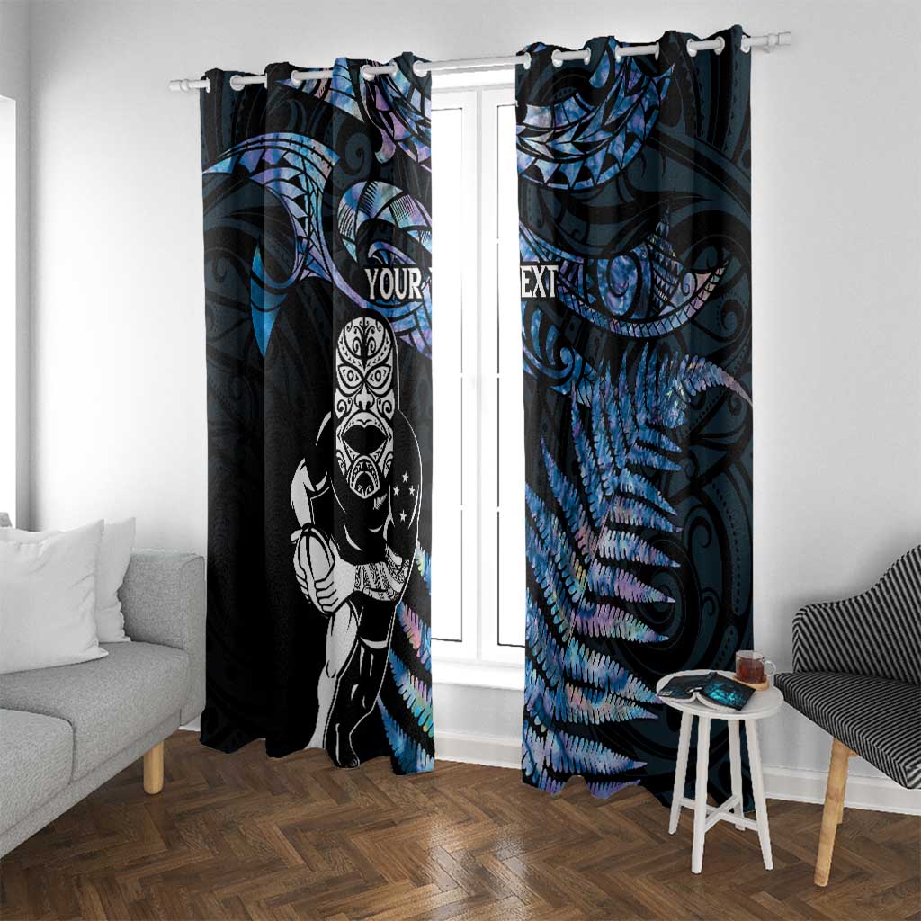 New Zealand Maori Rugby Personalised Window Curtain Ta Moko Silver Fern - Paua Blue LT7 With Grommets Blue - Polynesian Pride