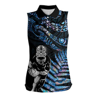 New Zealand Maori Rugby Personalised Women Sleeveless Polo Shirt Ta Moko Silver Fern - Paua Blue LT7 Female Blue - Polynesian Pride
