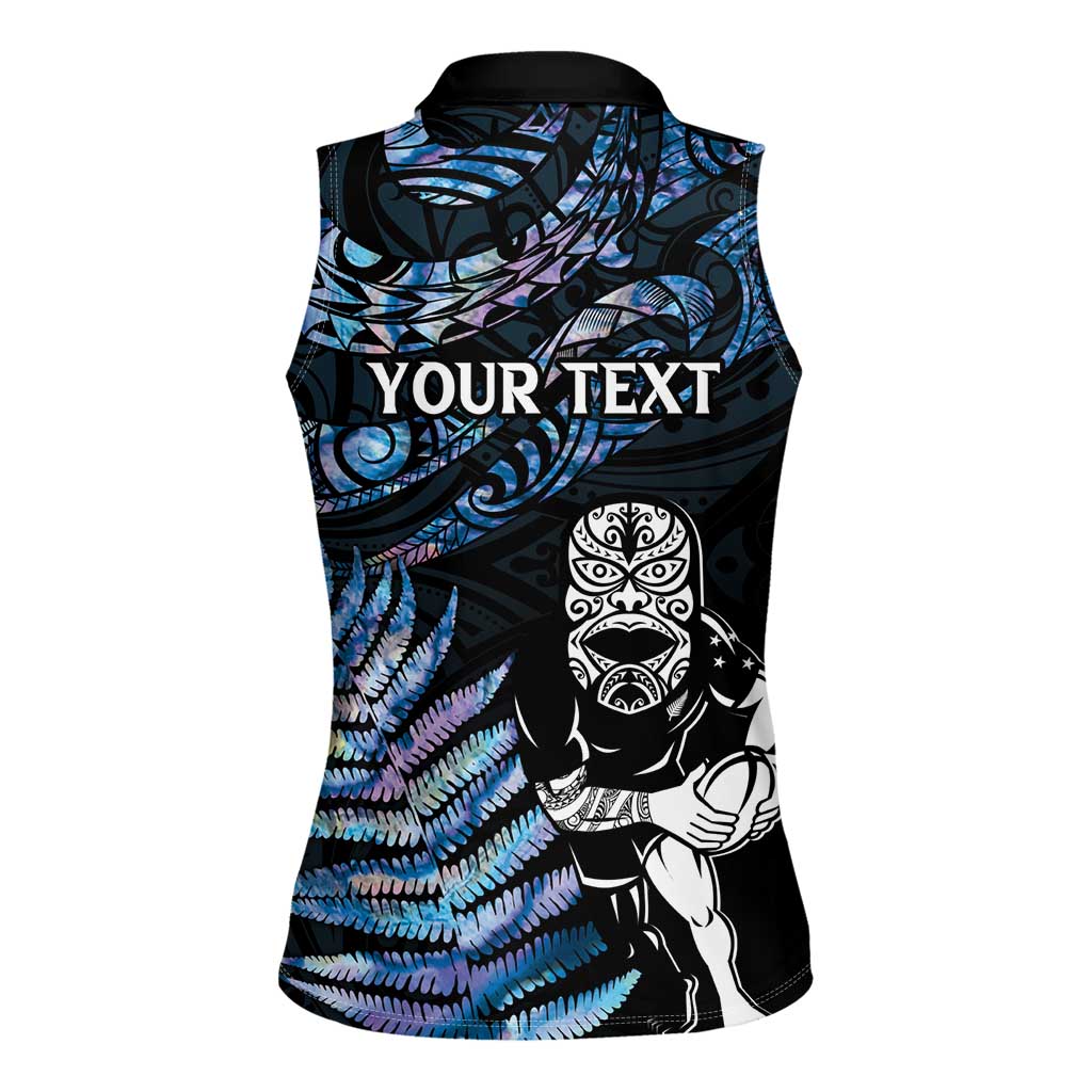 New Zealand Maori Rugby Personalised Women Sleeveless Polo Shirt Ta Moko Silver Fern - Paua Blue LT7 - Polynesian Pride