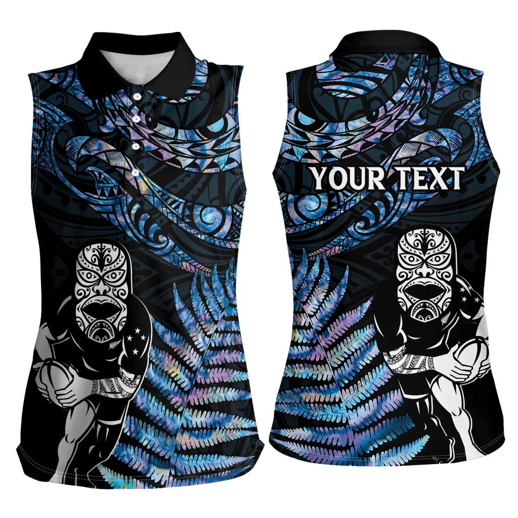 New Zealand Maori Rugby Personalised Women Sleeveless Polo Shirt Ta Moko Silver Fern - Paua Blue LT7 - Polynesian Pride