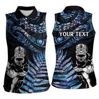 New Zealand Maori Rugby Personalised Women Sleeveless Polo Shirt Ta Moko Silver Fern - Paua Blue LT7 - Polynesian Pride