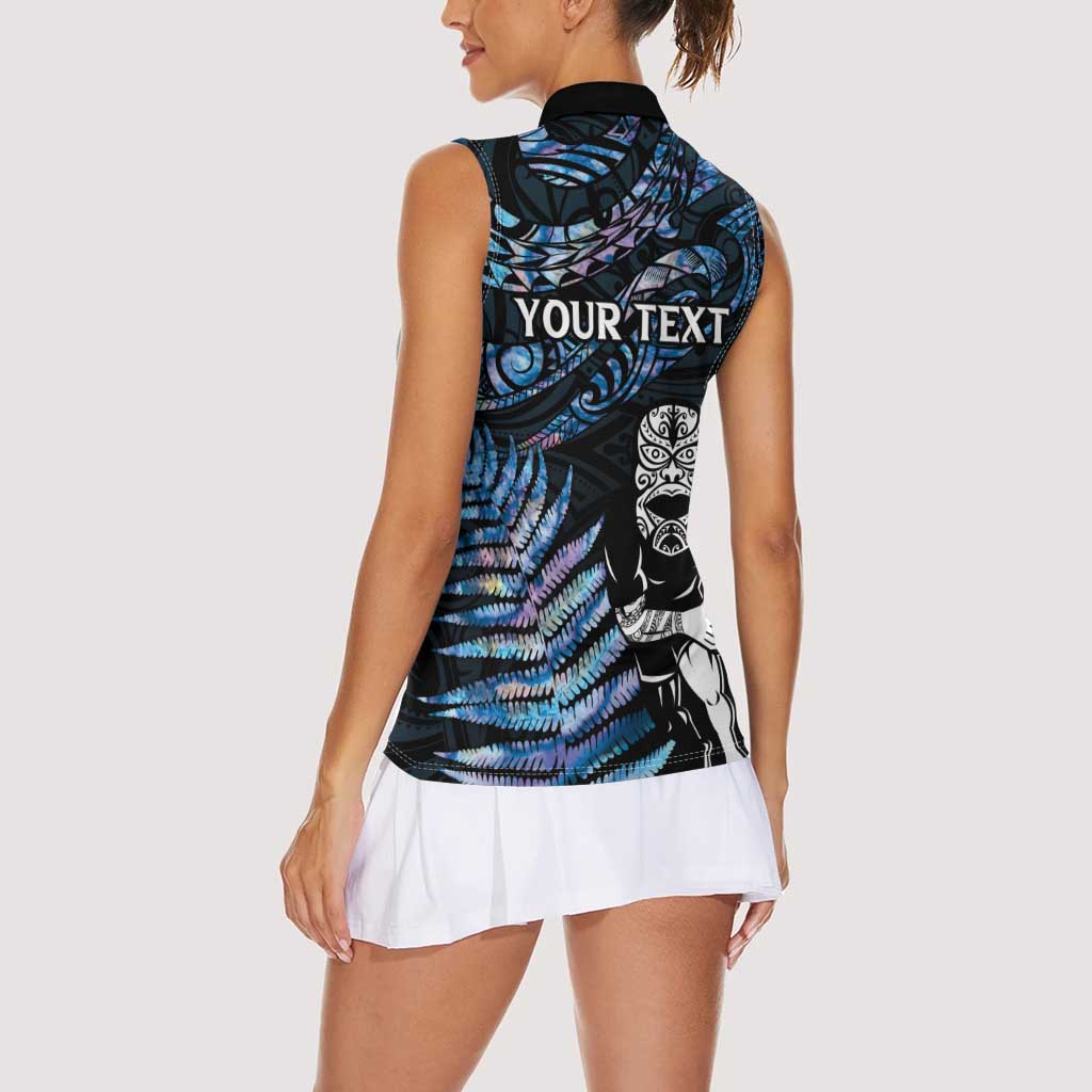 New Zealand Maori Rugby Personalised Women Sleeveless Polo Shirt Ta Moko Silver Fern - Paua Blue LT7 - Polynesian Pride