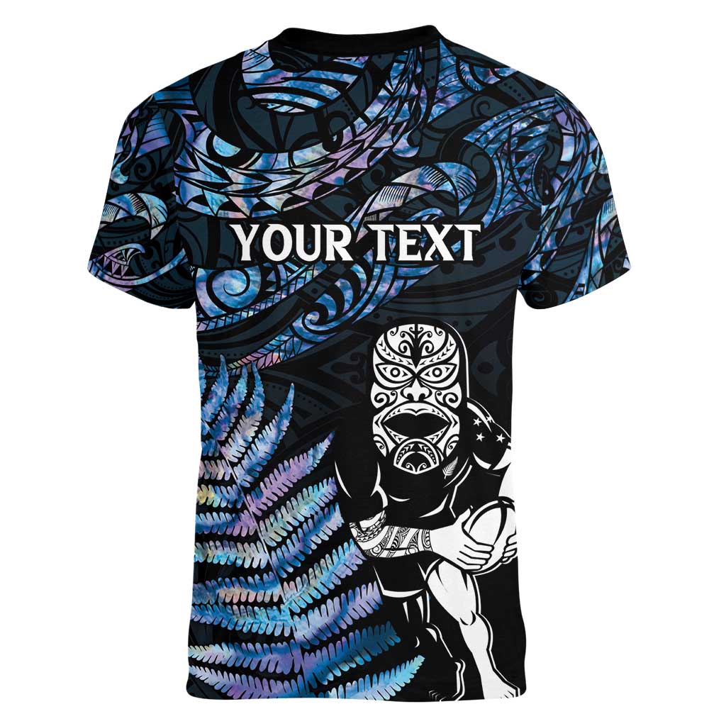 New Zealand Maori Rugby Personalised Women V-Neck T-Shirt Ta Moko Silver Fern - Paua Blue LT7 - Polynesian Pride
