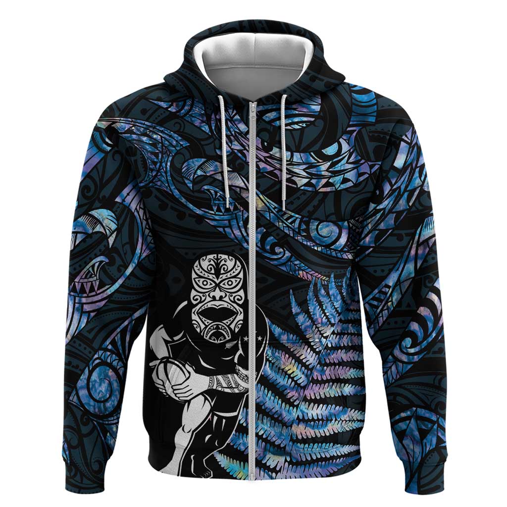 New Zealand Maori Rugby Personalised Zip Hoodie Ta Moko Silver Fern - Paua Blue LT7 Zip Hoodie Blue - Polynesian Pride