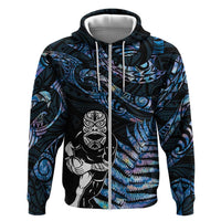 New Zealand Maori Rugby Personalised Zip Hoodie Ta Moko Silver Fern - Paua Blue LT7 Zip Hoodie Blue - Polynesian Pride