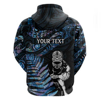 New Zealand Maori Rugby Personalised Zip Hoodie Ta Moko Silver Fern - Paua Blue LT7 - Polynesian Pride