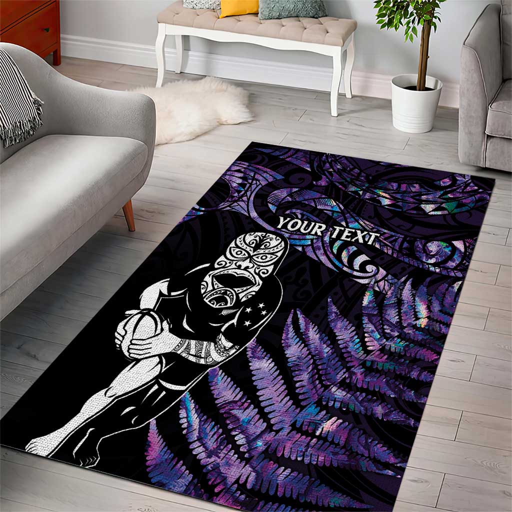 New Zealand Maori Rugby Personalised Area Rug Ta Moko Silver Fern - Paua Purple LT7 - Polynesian Pride