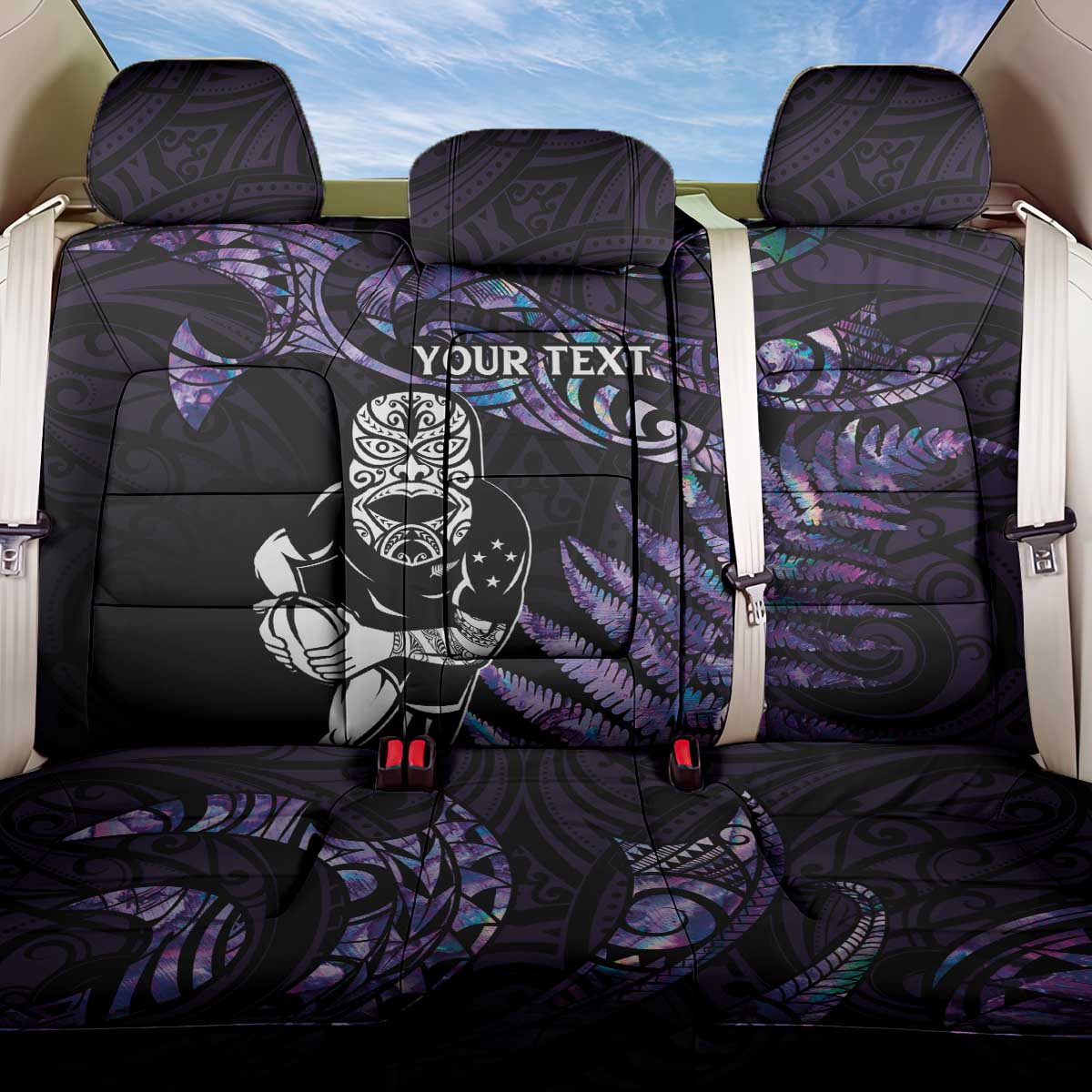 New Zealand Maori Rugby Personalised Back Car Seat Cover Ta Moko Silver Fern - Paua Purple LT7 One Size Purple - Polynesian Pride