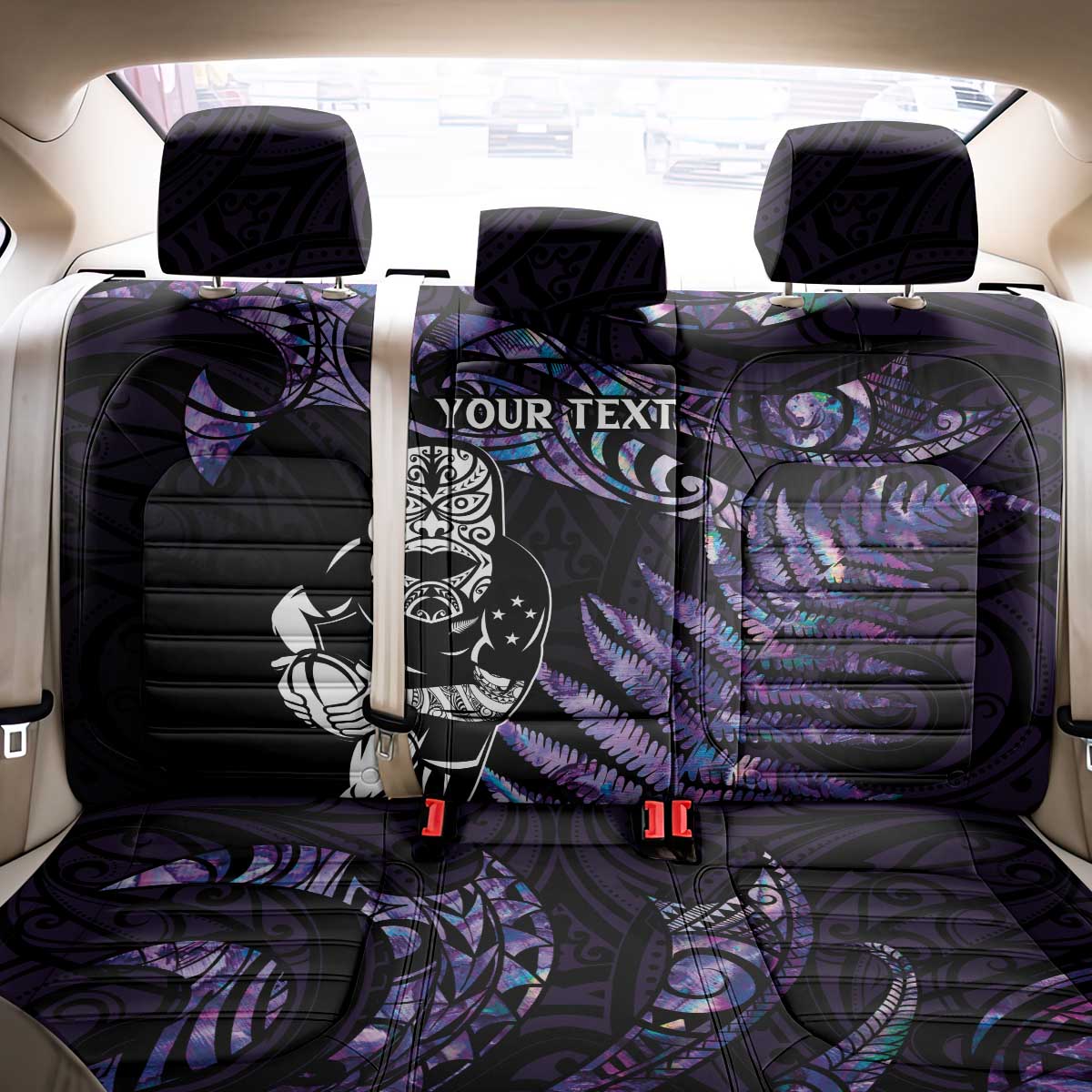 New Zealand Maori Rugby Personalised Back Car Seat Cover Ta Moko Silver Fern - Paua Purple LT7 - Polynesian Pride