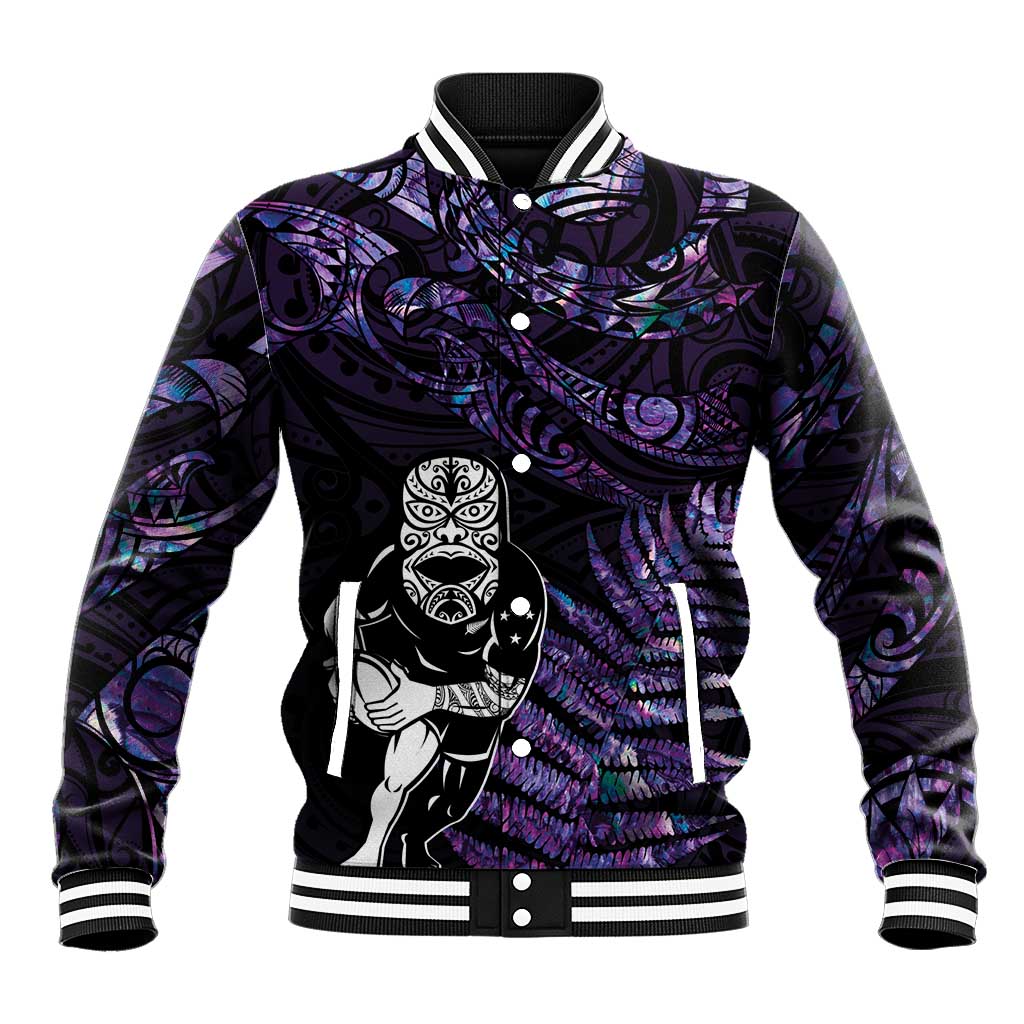 New Zealand Maori Rugby Personalised Baseball Jacket Ta Moko Silver Fern - Paua Purple LT7 Unisex Purple - Polynesian Pride