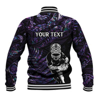 New Zealand Maori Rugby Personalised Baseball Jacket Ta Moko Silver Fern - Paua Purple LT7 - Polynesian Pride