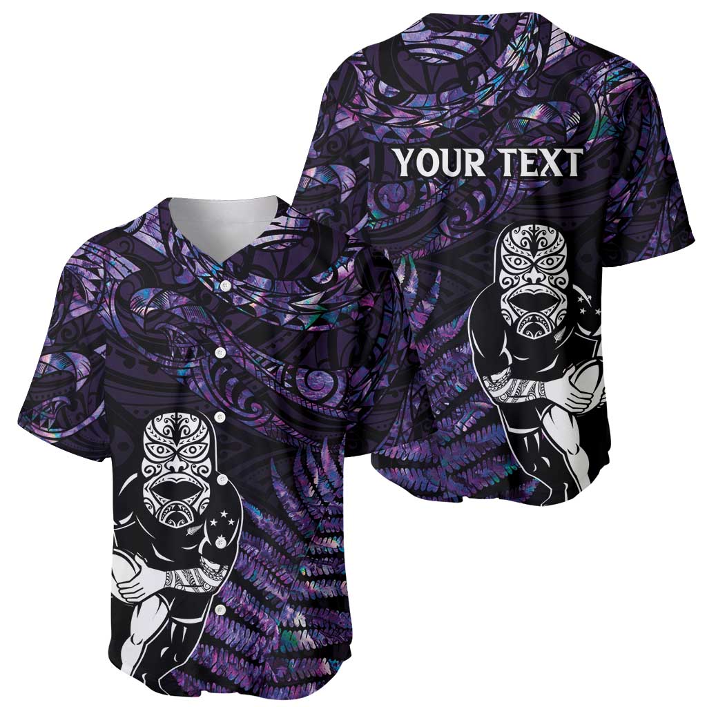 New Zealand Maori Rugby Personalised Baseball Jersey Ta Moko Silver Fern - Paua Purple LT7 - Polynesian Pride