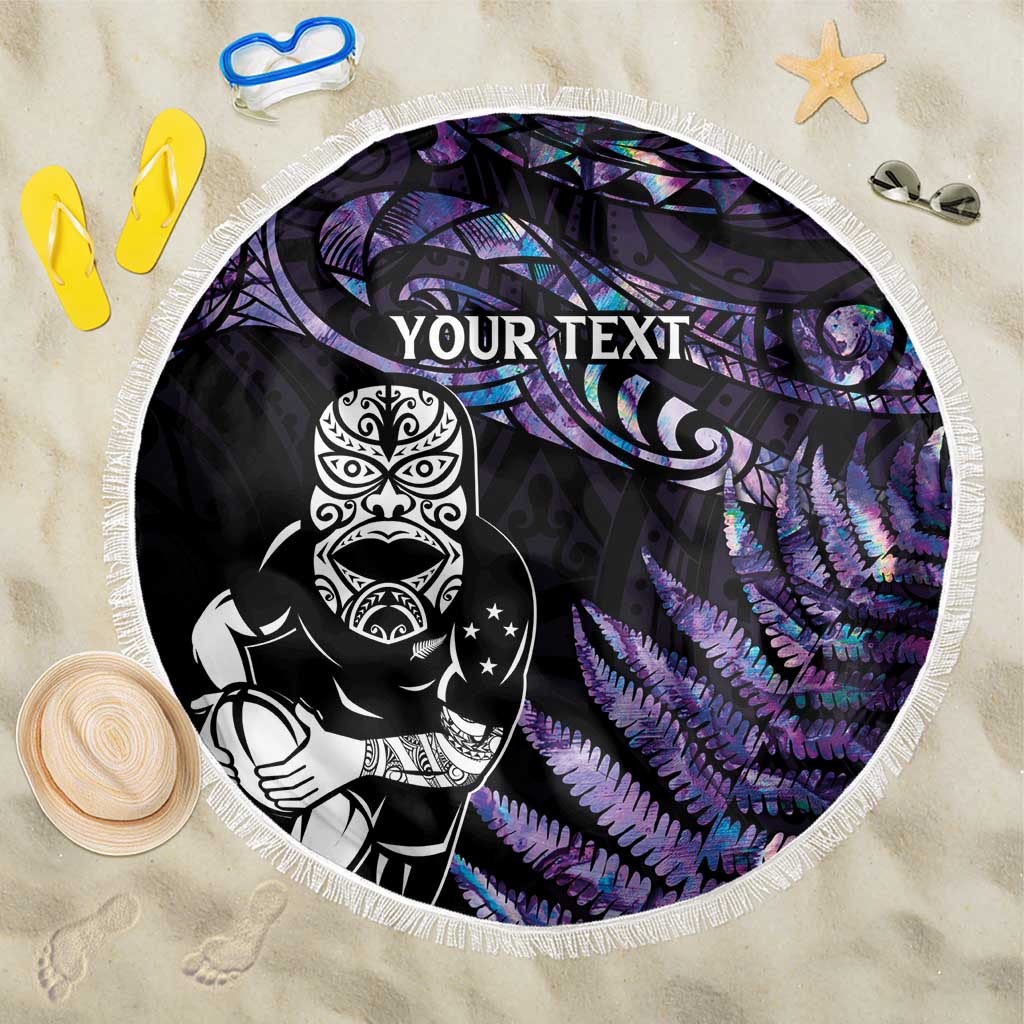 New Zealand Maori Rugby Personalised Beach Blanket Ta Moko Silver Fern - Paua Purple LT7 One Size 150cm Purple - Polynesian Pride