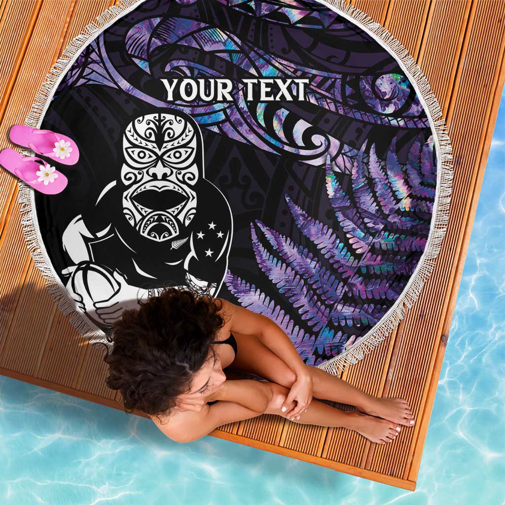 New Zealand Maori Rugby Personalised Beach Blanket Ta Moko Silver Fern - Paua Purple LT7 - Polynesian Pride