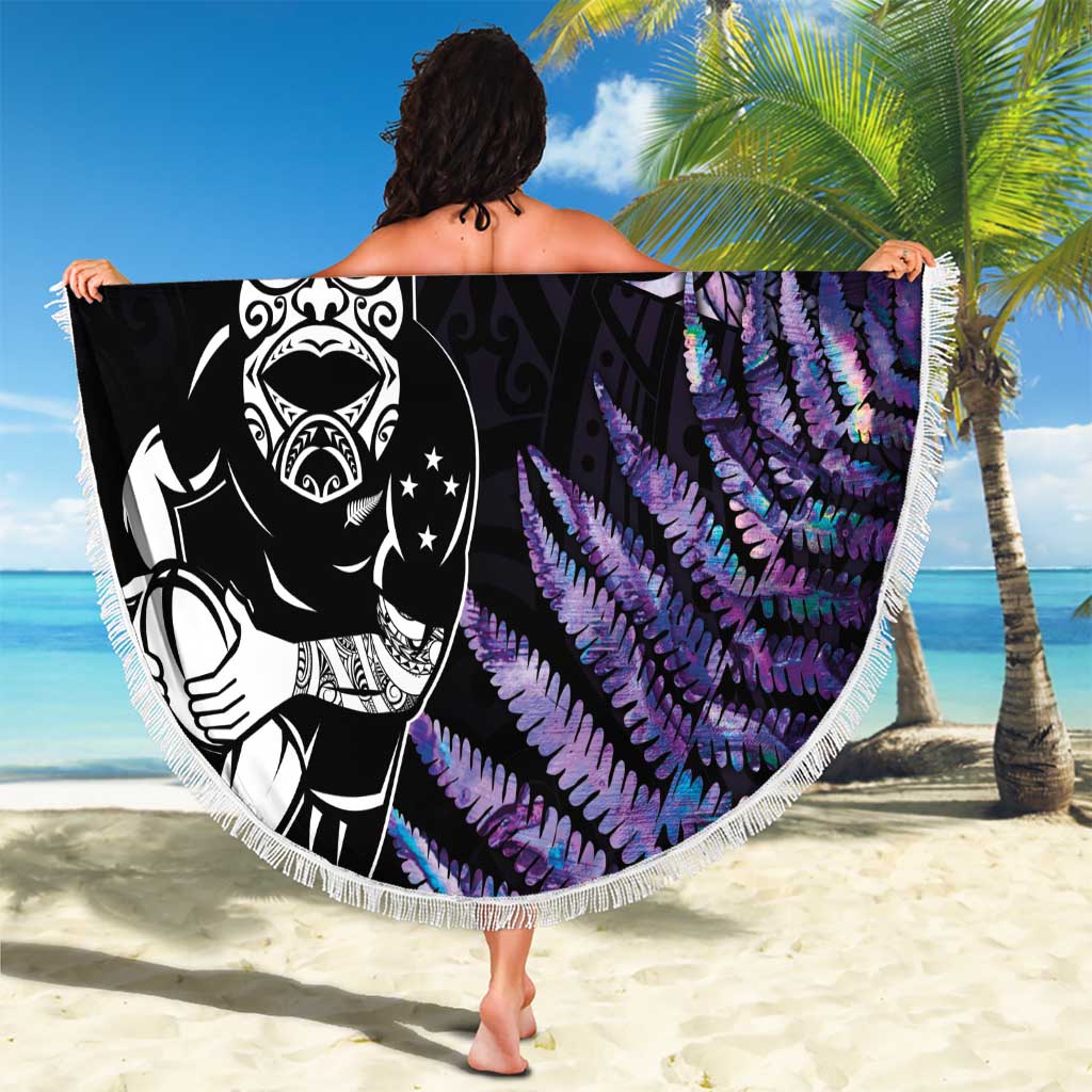 New Zealand Maori Rugby Personalised Beach Blanket Ta Moko Silver Fern - Paua Purple LT7 - Polynesian Pride