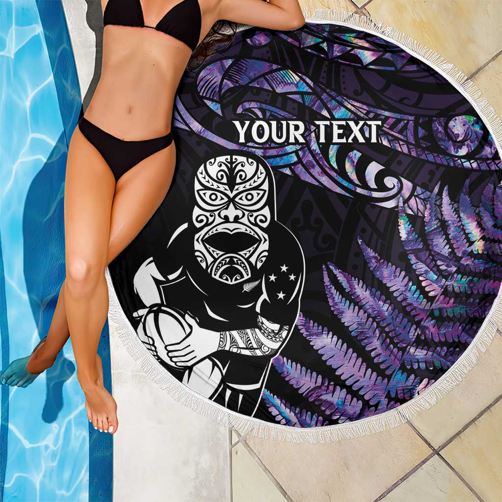 New Zealand Maori Rugby Personalised Beach Blanket Ta Moko Silver Fern - Paua Purple LT7 - Polynesian Pride