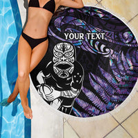 New Zealand Maori Rugby Personalised Beach Blanket Ta Moko Silver Fern - Paua Purple LT7 - Polynesian Pride