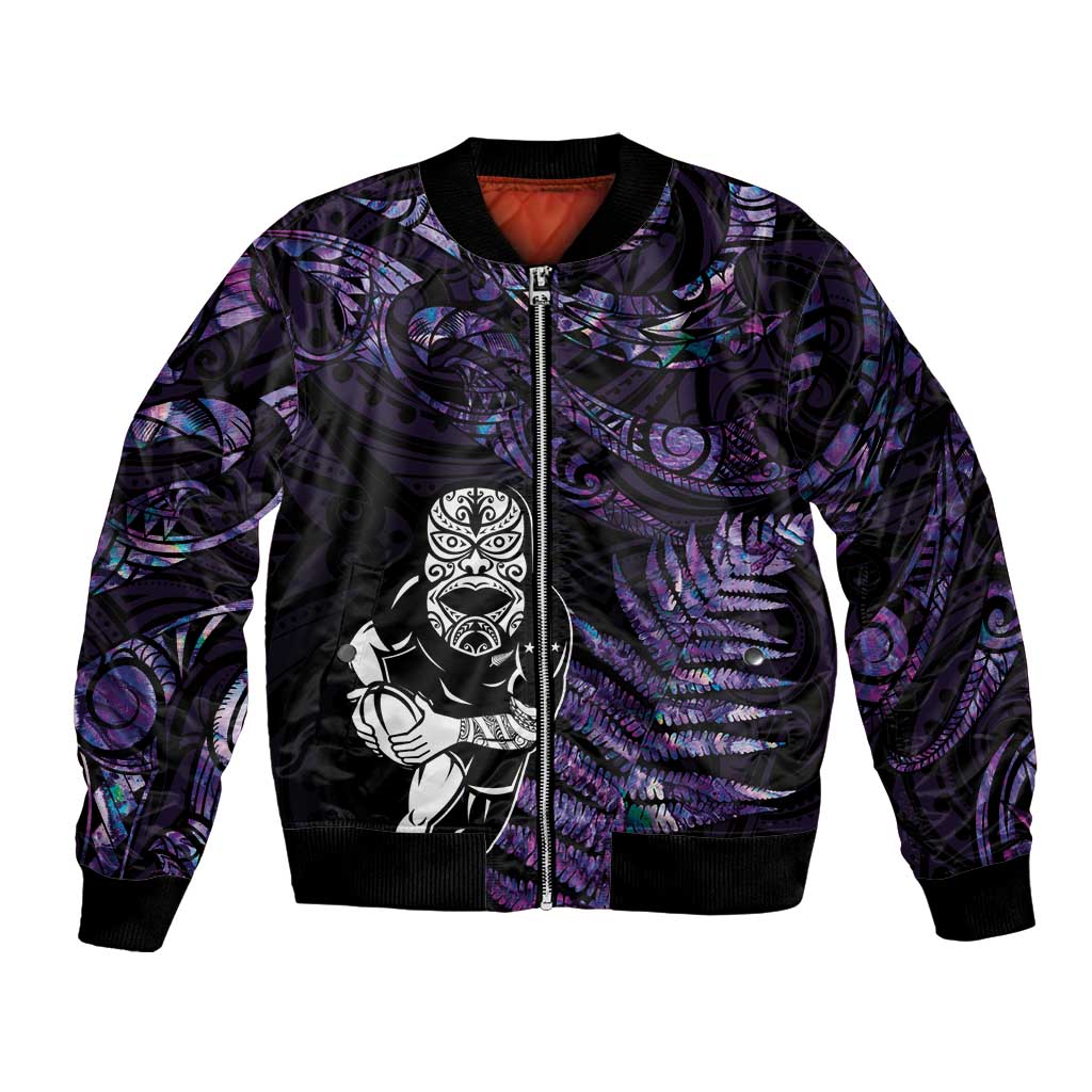 New Zealand Maori Rugby Personalised Bomber Jacket Ta Moko Silver Fern - Paua Purple LT7 Unisex Purple - Polynesian Pride