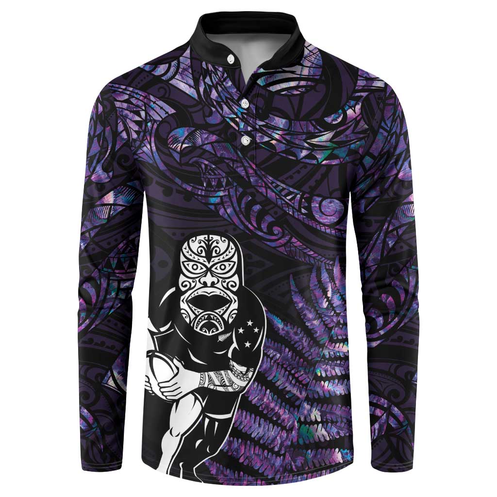 New Zealand Maori Rugby Personalised Button Sweatshirt Ta Moko Silver Fern - Paua Purple LT7 Purple - Polynesian Pride