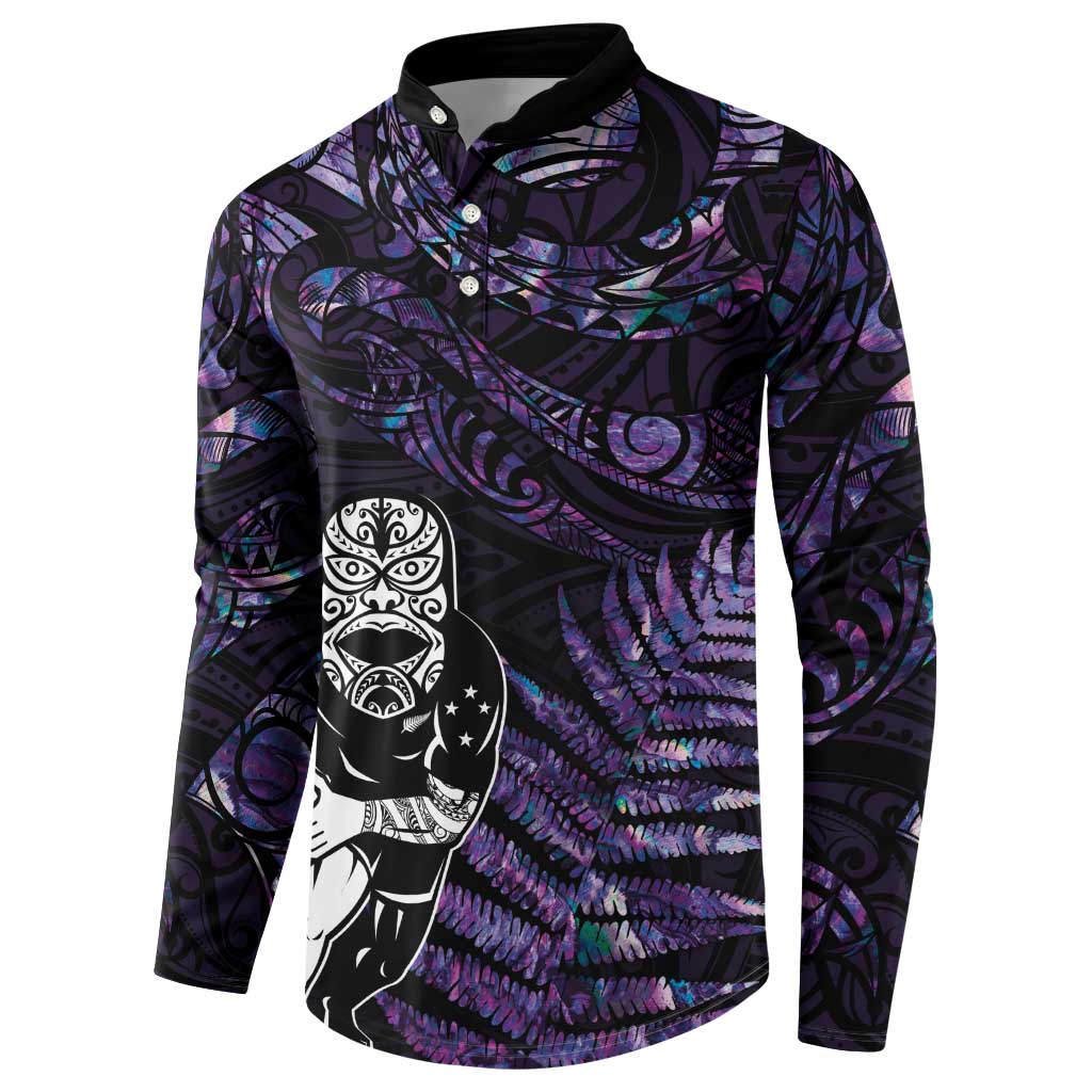 New Zealand Maori Rugby Personalised Button Sweatshirt Ta Moko Silver Fern - Paua Purple LT7 - Polynesian Pride