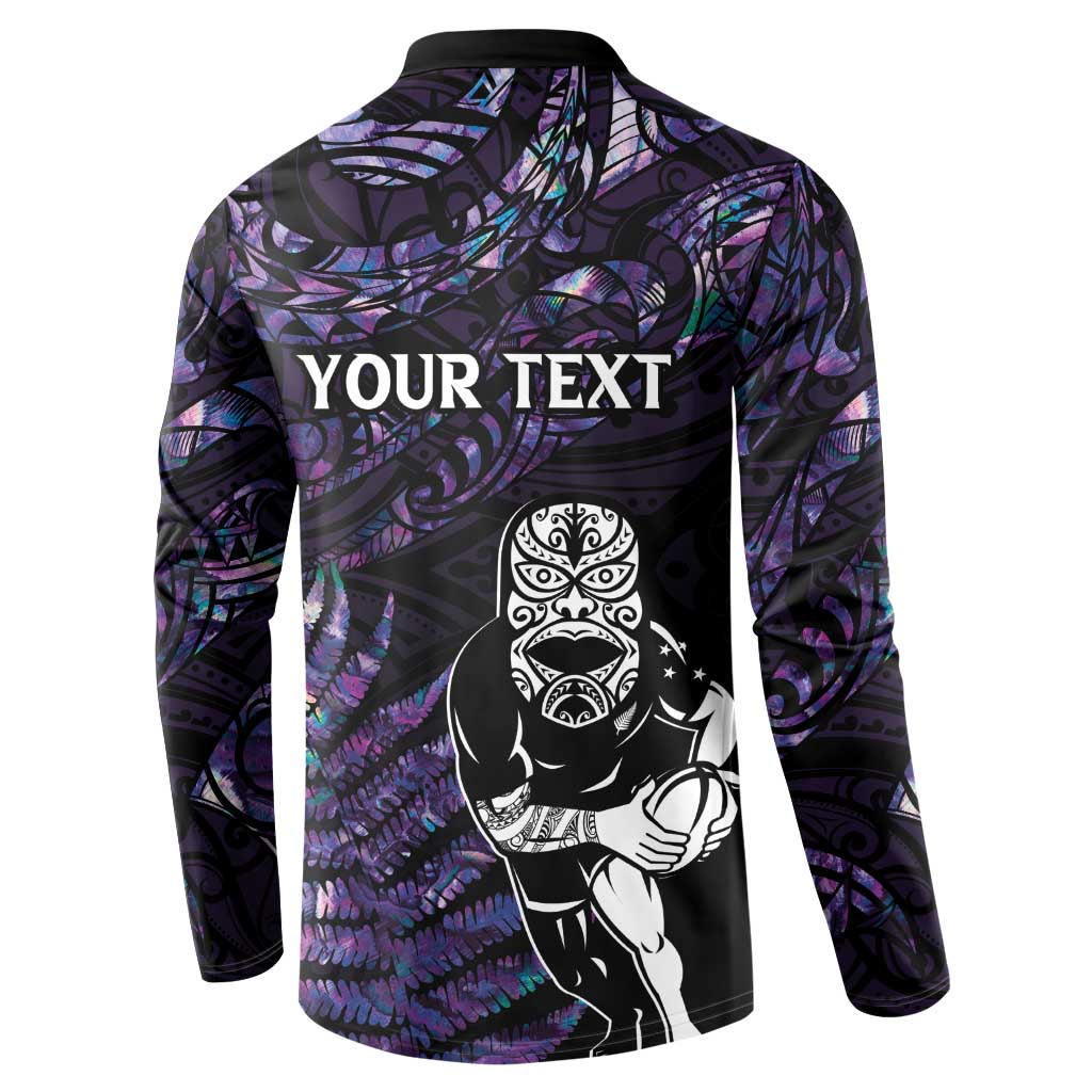 New Zealand Maori Rugby Personalised Button Sweatshirt Ta Moko Silver Fern - Paua Purple LT7 - Polynesian Pride